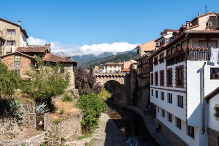 The little town of Potes, Cantabria, Spain. Old town of Potes in Picos de Europa National Park, Spain, Europeの写真素材