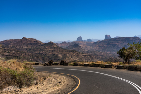 Landscape view of the Simien Mountains National Park in Northern Ethiopia on the way to Axum,...