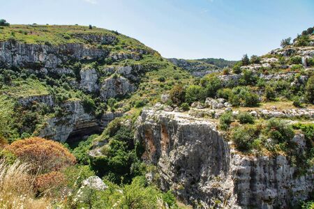 view of the Anapo valley and the Pantalica plateau near Siracusa, in Sicily, Italyの写真素材