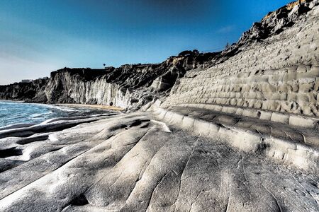 Scala dei Turchi white cliff and beautiful blue waters of Mediterranean Sea, Realmonte, Agrigento province, Sicily, Italyの写真素材