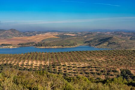 Beautiful view of the lake Embalse del Guadalhorce, Ardales Reservoir in province Malaga, Andalusia, Spainの写真素材