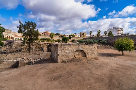 Arab Fortress Alcazaba near Guadiana river in Merida, Spain, region of Extremadura. Built in 836 by emir Abderraman II. UNESCO World Heritage Site.の写真素材