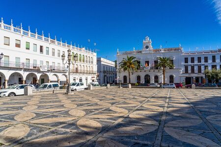 Llerena, Spain - Nov 07, 2019: Main Square, Plaza de Espana in Llerena, Extremadura in Spain
