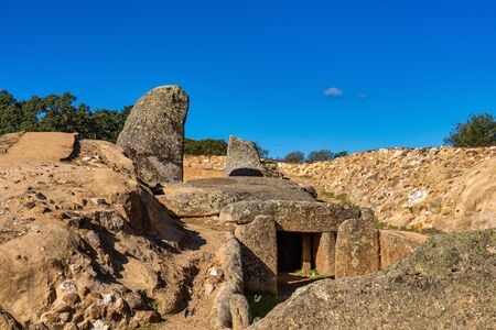 Dolmen of Lacara, funeral chamber. Ancient megalithic building near La Nava de Santiago,...