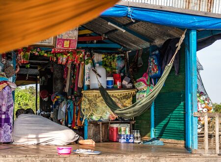 Floating village with floating houses on the Tonle Sap Lake, Koh Rong island, Cambodia, Asiaの写真素材
