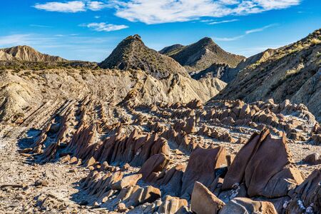 Dragon Tail, Colas de Dragon in Tabernas Desert in Almeria, Spain. Geological erosion called tubirtitas, called Tail Dragon, for its particular linear shape and large stones that simulate scales.の写真素材