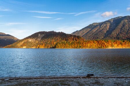 Sylvenstein reservoir lake in autumn, Bad Toelz, Bavaria, Germany, Europeの写真素材