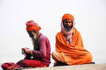 Varanasi, India - Dec 23, 2019: Sadhu at the ghats in Varanasi, Uttar Pradesh, ascetic holy mans in Indiaのeditorial素材