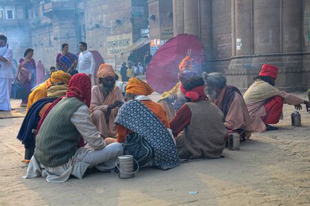 Varanasi, India - Dec 23, 2019: Sadhu at the ghats in Varanasi, Uttar Pradesh, ascetic holy mans in Indiaのeditorial素材
