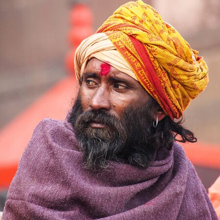 Varanasi, India - Dec 23, 2019: Sadhu at the ghats in Varanasi, Uttar Pradesh, ascetic holy mans in Indiaのeditorial素材
