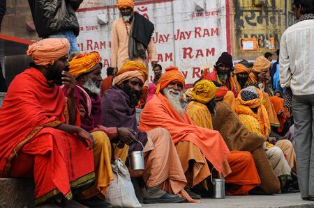 Varanasi, India - Dec 23, 2019: Sadhu at the ghats in Varanasi, Uttar Pradesh, ascetic holy mans in...