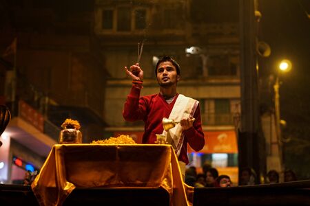 Varanasi, India - Dec 25, 2019: Ganga Aarti on the Dashashwamedh Ghat at Varanasi Uttar Pradesh...