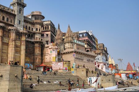 Varanasi, India - Dec 23, 2019: Morning View of The Ghats and the City of Varanasi From Ganges Riverのeditorial素材