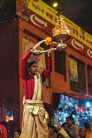 Varanasi, India - Dec 25, 2019: Ganga Aarti on the Dashashwamedh Ghat at Varanasi Uttar Pradesh Indiaのeditorial素材