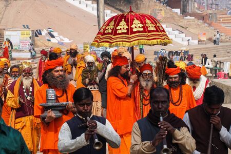 Varanasi, India - Dec 23, 2019: Sadhu at the ghats in Varanasi, Uttar Pradesh, ascetic holy mans in...