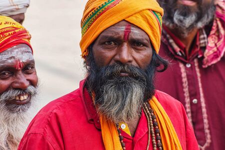 Varanasi, India - Dec 23, 2019: Sadhu at the ghats in Varanasi, Uttar Pradesh, ascetic holy mans in...