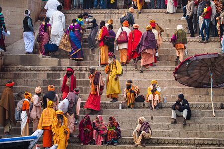 Varanasi, India - Dec 23, 2019: Sadhu at the ghats in Varanasi, Uttar Pradesh, ascetic holy mans in Indiaのeditorial素材