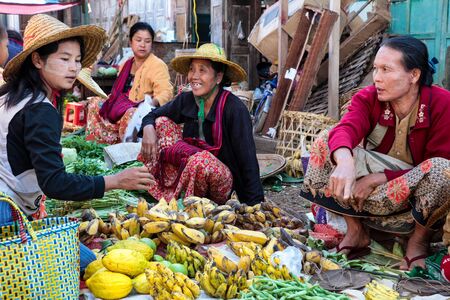 Heho, Myanmar - Nov 08, 2019: People at a market in the city center of Heho in Myanmar, former Burma in Asiaのeditorial素材