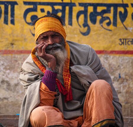 Varanasi, India - Dec 23, 2019: Sadhu at the ghats in Varanasi, Uttar Pradesh, ascetic holy mans in Indiaのeditorial素材