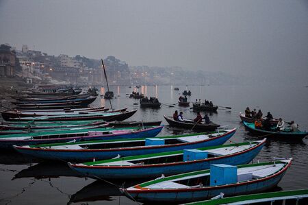 Varanasi, India - Dec 23, 2019: Morning View of The Ghats and the City of Varanasi From Ganges Riverのeditorial素材