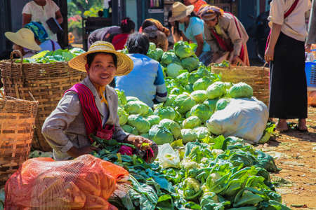 Heho, Myanmar - Nov 08, 2019: People at a market in the city center of Heho in Myanmar, former Burma in Asiaのeditorial素材