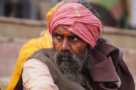 Varanasi, India - Dec 23, 2019: Sadhu at the ghats in Varanasi, Uttar Pradesh, ascetic holy mans in Indiaのeditorial素材