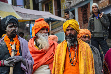 Varanasi, India - Dec 23, 2019: Sadhu at the ghats in Varanasi, Uttar Pradesh, ascetic holy mans in Indiaのeditorial素材