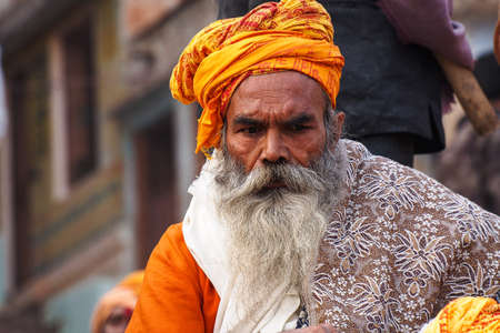 Varanasi, India - Dec 23, 2019: Sadhu at the ghats in Varanasi, Uttar Pradesh, ascetic holy mans in Indiaのeditorial素材