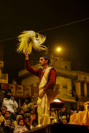 Varanasi, India - Dec 25, 2019: Ganga Aarti on the Dashashwamedh Ghat at Varanasi Uttar Pradesh...
