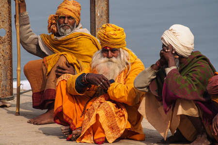 Varanasi, India - Dec 23, 2019: Sadhu at the ghats in Varanasi, Uttar Pradesh, ascetic holy mans in Indiaのeditorial素材