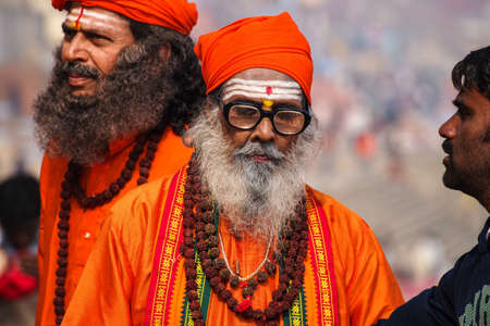 Varanasi, India - Dec 23, 2019: Sadhu at the ghats in Varanasi, Uttar Pradesh, ascetic holy mans in Indiaのeditorial素材