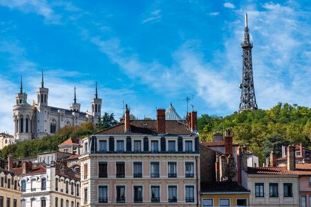 The Basilica of Notre-Dame of Fourviere, La Basilique Notre Dame de Fourviere in Lyon, France, Europeの写真素材
