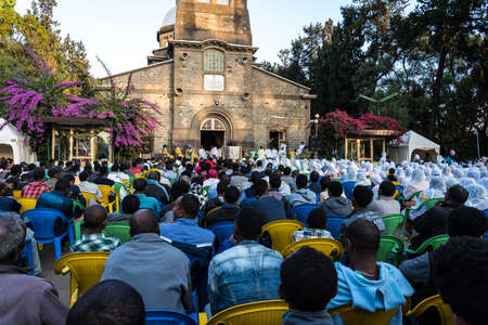 Addis Ababa, Ethiopia - Feb 04, 2020: Ethiopian Orthodox people at Miskaye Hizunan Medhanealem...