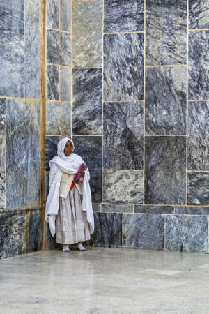 Aksum, Ethiopia - Feb 09, 2020: Ethiopian People at Church of Our Lady St. Mary of Zion, the most...
