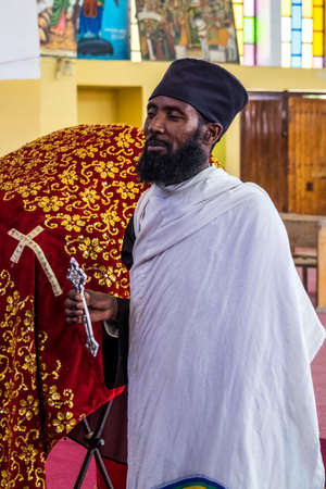 Aksum, Ethiopia - Feb 09, 2020: Ethiopian People at Church of Our Lady St. Mary of Zion, the most...