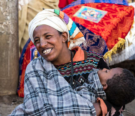Addis Ababa, Ethiopia - Feb 04, 2020: Ethiopian Orthodox people at Miskaye Hizunan Medhanealem...
