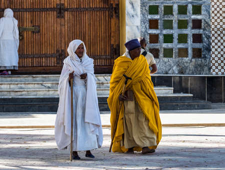 Aksum, Ethiopia - Feb 09, 2020: Ethiopian People at Church of Our Lady St. Mary of Zion, the most sacred place for all Orthodox Ethiopians in Axum, Ethiopia.のeditorial素材