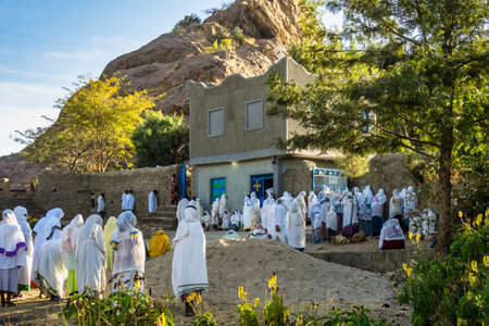 Axum, Ethiopia - Feb 10, 2020: Mass at the Ethiopian Orthodox Church in Aksum Ethiopia, Africa