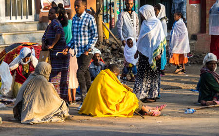 Addis Ababa, Ethiopia - Feb 04, 2020: Ethiopian Orthodox people at Miskaye Hizunan Medhanealem...