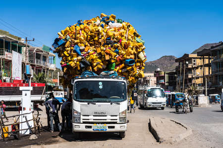 Lalibela, Ethiopia - Feb 12, 2020: Truck with plastic bottles between Gheralta and Lalibela in Tigray, Northern Ethiopia, Africa.のeditorial素材