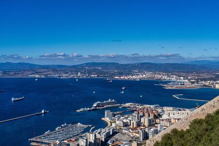Panoramic view of the port of Gibraltar and the bay of Algeciras full of boats, United Kingdom, Spainの写真素材