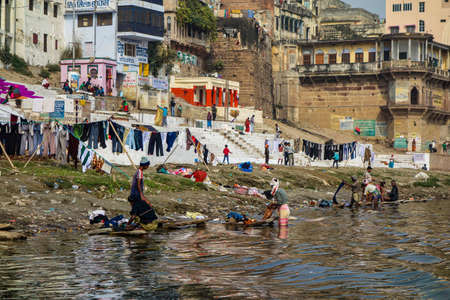Varanasi, India - Dec 23, 2019: Morning View of The Ghats and the City of Varanasi From Ganges Riverのeditorial素材