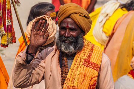 Varanasi, India - Dec 23, 2019: Sadhu at the ghats in Varanasi, Uttar Pradesh, ascetic holy mans in Indiaのeditorial素材