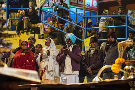Varanasi, India - Dec 25, 2019: Ganga Aarti on the Dashashwamedh Ghat at Varanasi Uttar Pradesh Indiaのeditorial素材