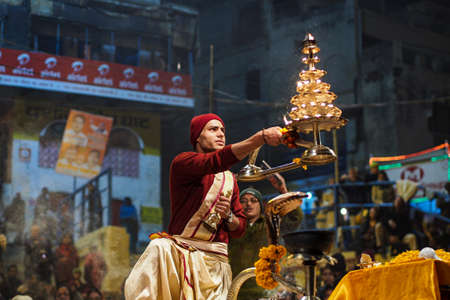 Varanasi, India - Dec 25, 2019: Ganga Aarti on the Dashashwamedh Ghat at Varanasi Uttar Pradesh Indiaのeditorial素材