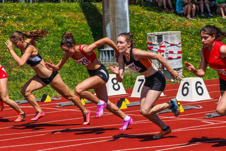Regensburg, Germany - July 20, 2019: bavarian athletics championship 400 meter race eventのeditorial素材