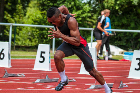 Regensburg, Germany - July 20, 2019: bavarian athletics championship 400 meter race eventのeditorial素材
