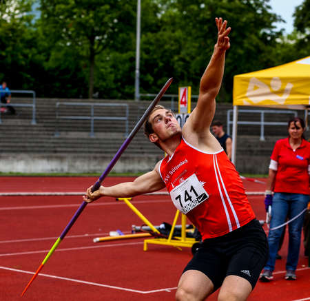 Regensburg, Germany - July 20, 2019: bavarian athletics championship javelin throw eventのeditorial素材