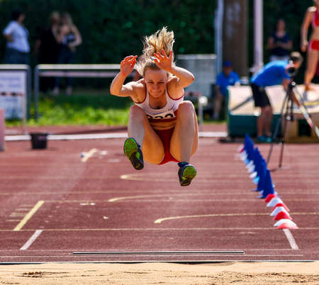 Regensburg, Germany - July 20, 2019: bavarian athletics championship long jump eventのeditorial素材