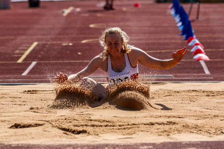 Regensburg, Germany - July 20, 2019: bavarian athletics championship long jump eventのeditorial素材